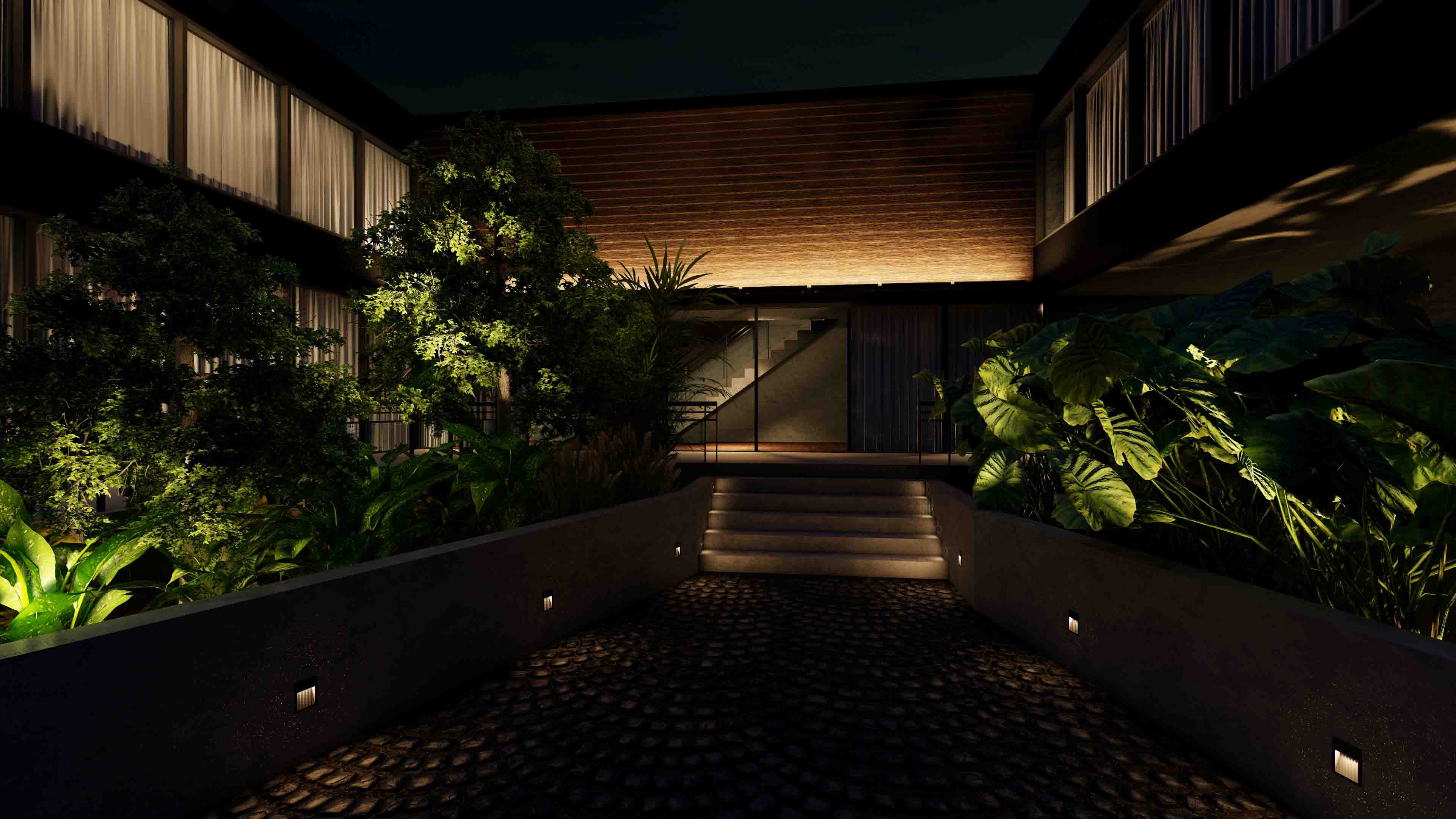 Precision facade lighting articulating structural columns and timber soffit at dusk