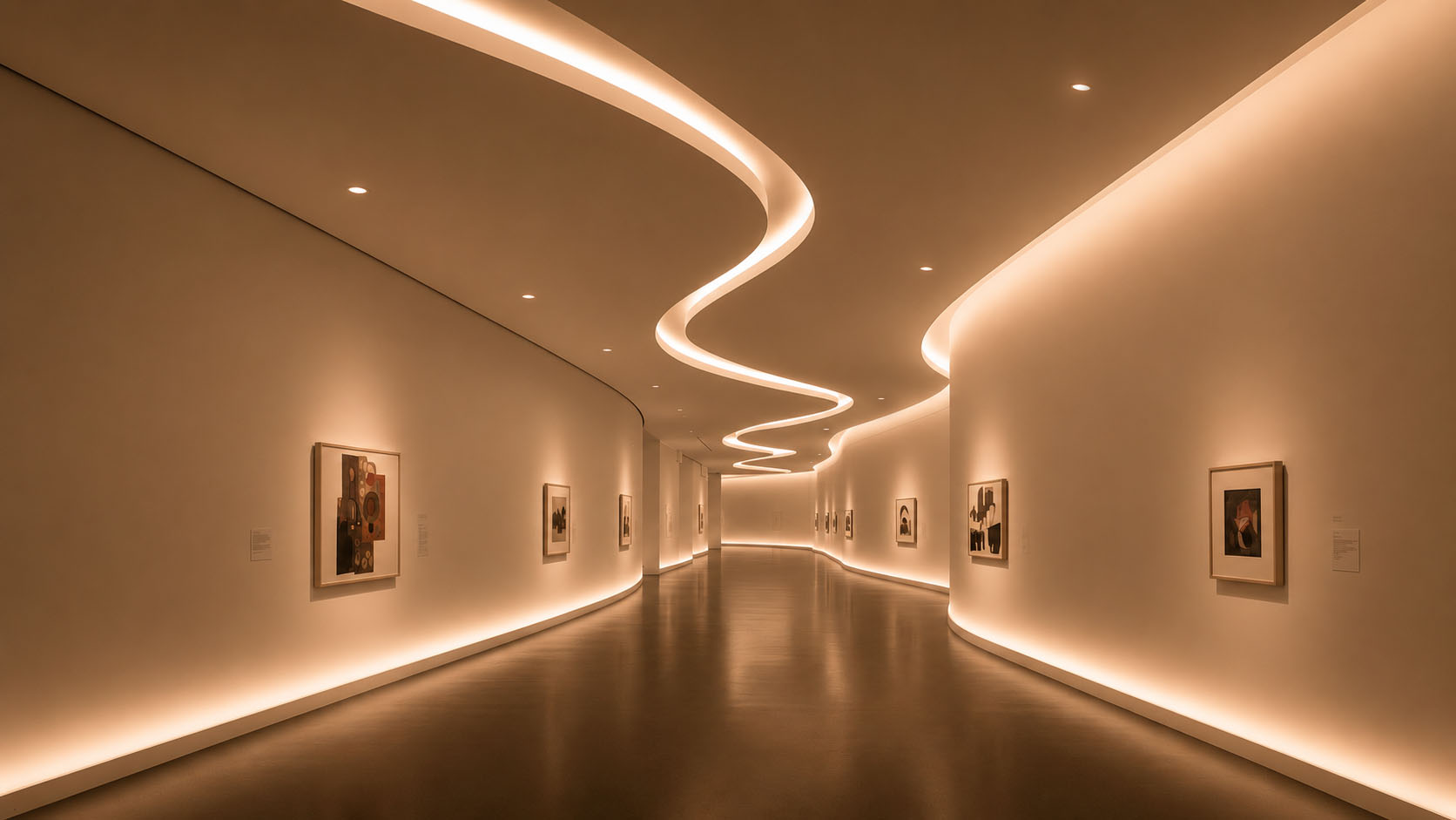Fluid linear lighting guiding movement through a curved gallery space with calibrated luminance gradients