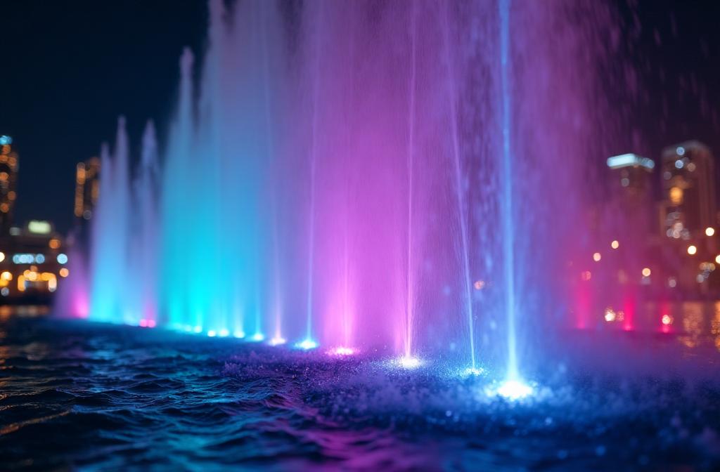 Detailed view of the fountain's optical layering with narrow-beam and wide-distribution lighting effects