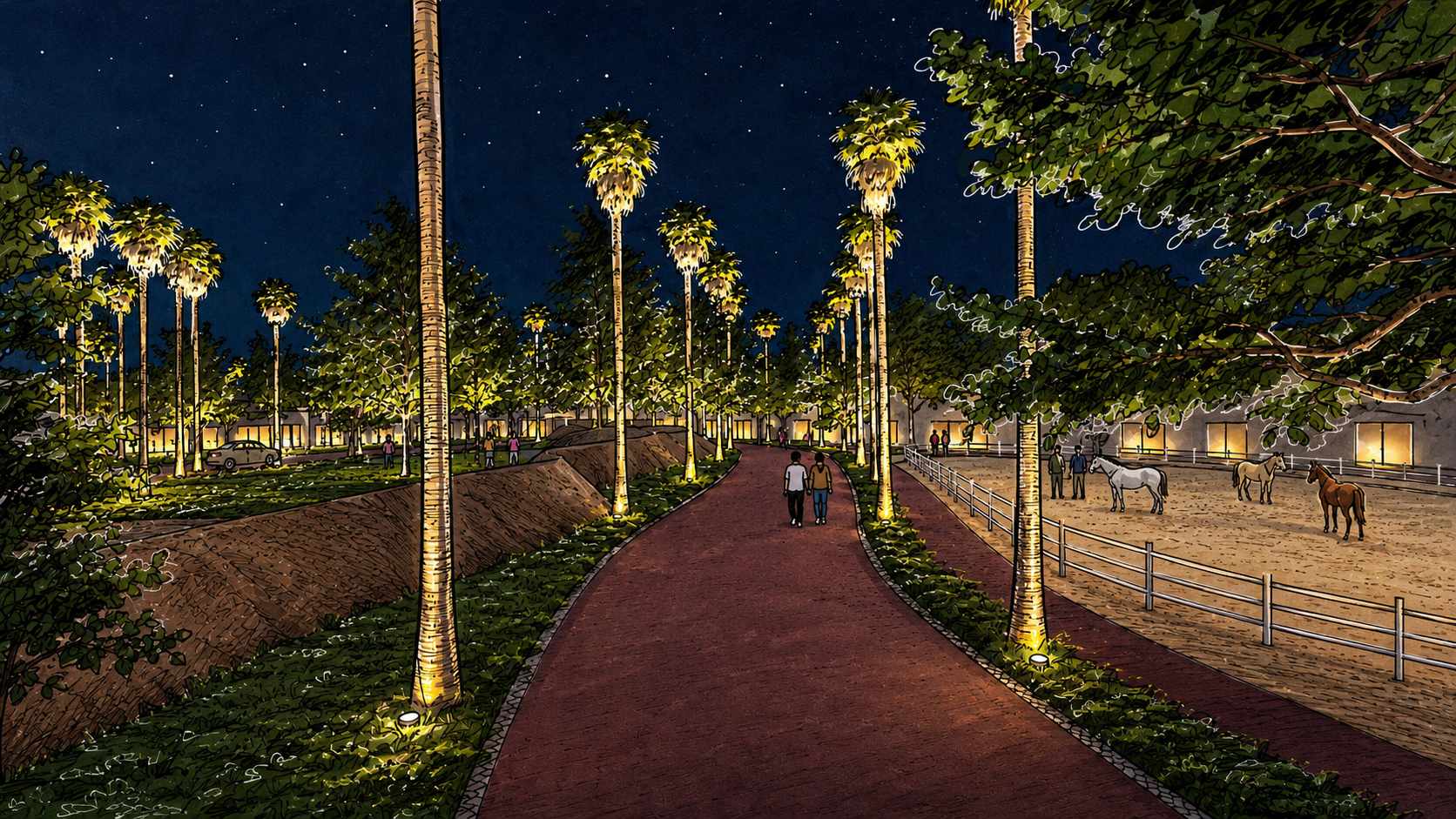 lighting intent showing a palm-lined evening walkway with layered accent and pathway illumination